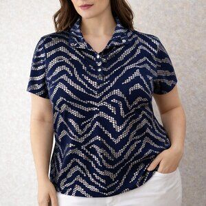 Chico’s Weekends Snap Collar Top Size 3 (XL) Navy Silver Zebra Print Stretch